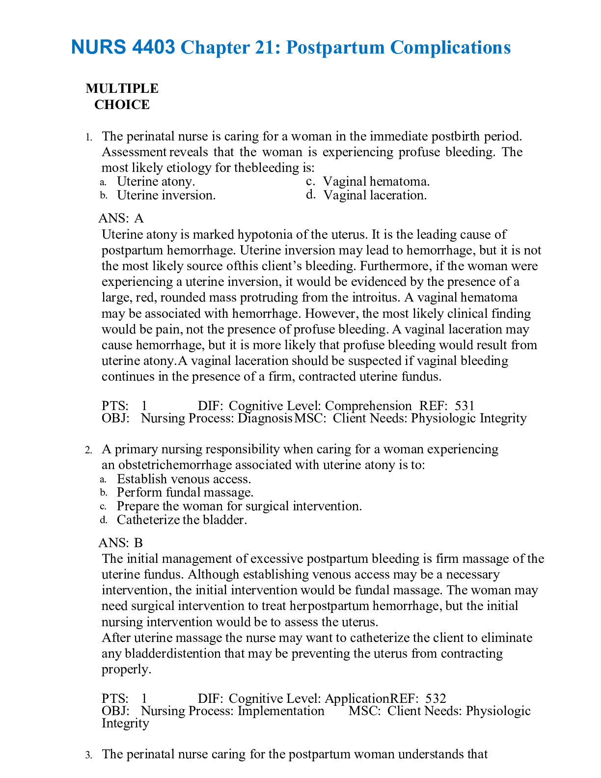 Preview image of NURS 4403 Chapter 21: Postpartum Complications,100% CORRECT document